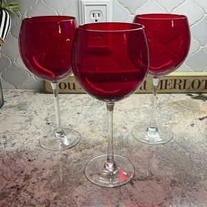 Set of 3 Red Wine Glasses with clear stems. No chips or breaks. EUC